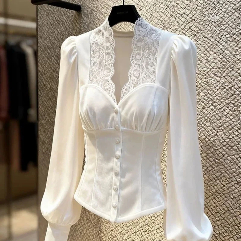 

Кружевные лоскутные топы с v-образным вырезом, тонкие темпераментные топы, женская одежда, новые однотонные элегантные футболки с длинными рукавами, модные офисные весенне-осенние