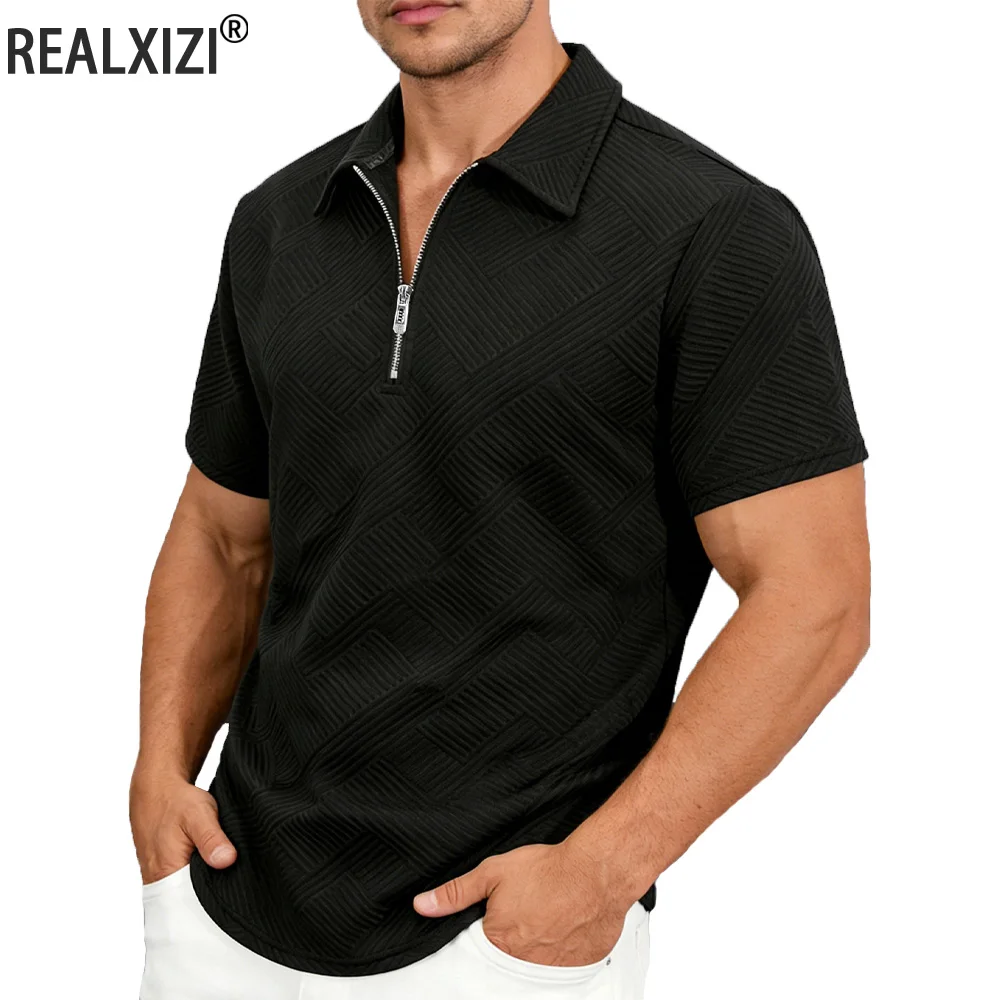Summer Men's Textured Ribbed Knit Polo Shirt Solid Color Sport Half Zipper Polo Shirt Men Casual Social Short Sleeve Top