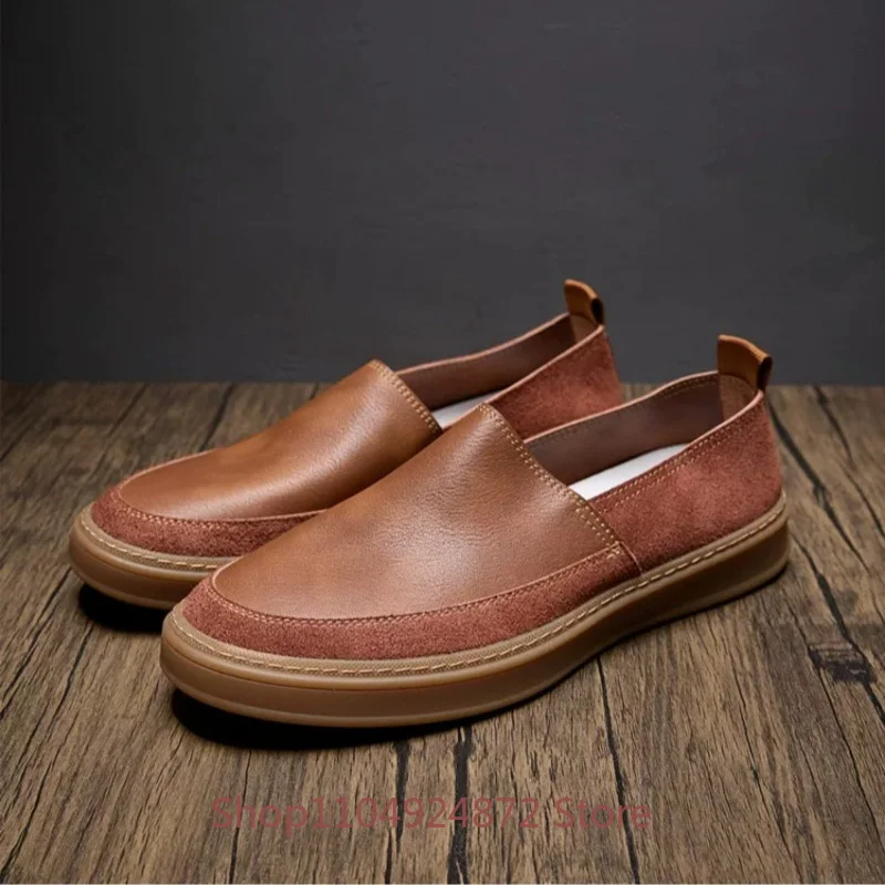 Luxury Designer Loafers Men's Shoes Genuine Leather British Style Slip on Soft Sole Cowhide Splicing Casual Shoes Male Flats
