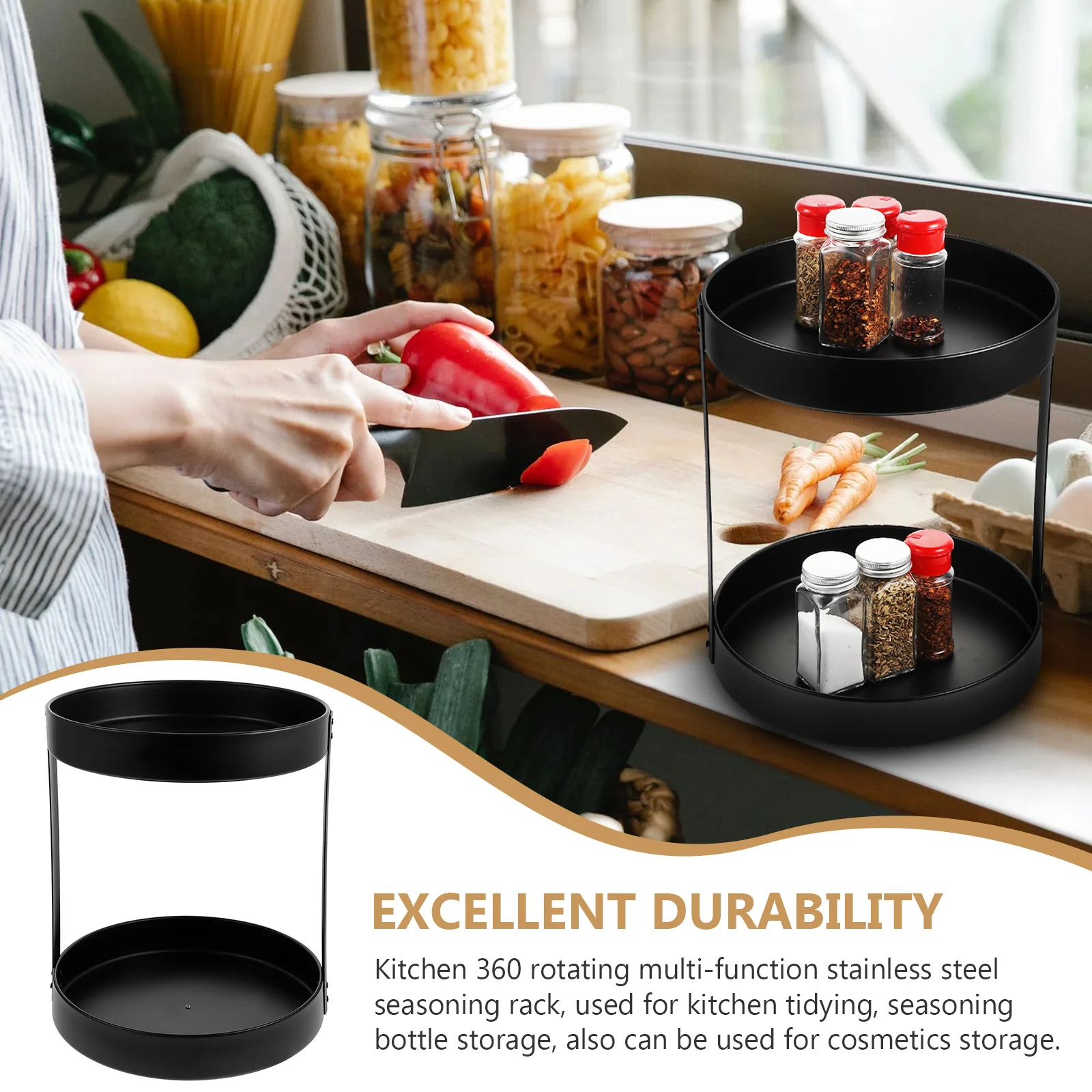

Stainless Steel Rotating Seasoning Tray Kitchen Condiment Bottle Organizer Multifunctional Storage Plate Easy to Use