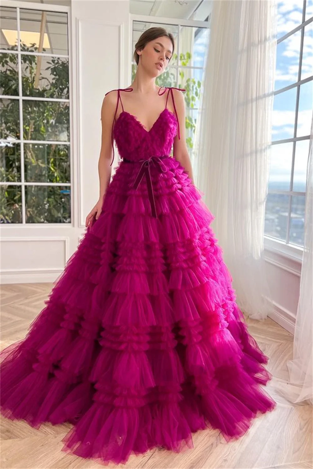 Bella Fuchsia Prom Dresses Multilayer Spaghetti Strap Tulle Wedding Dress Elegant Sleeveless Floor-Length Vestidos De Fiesta