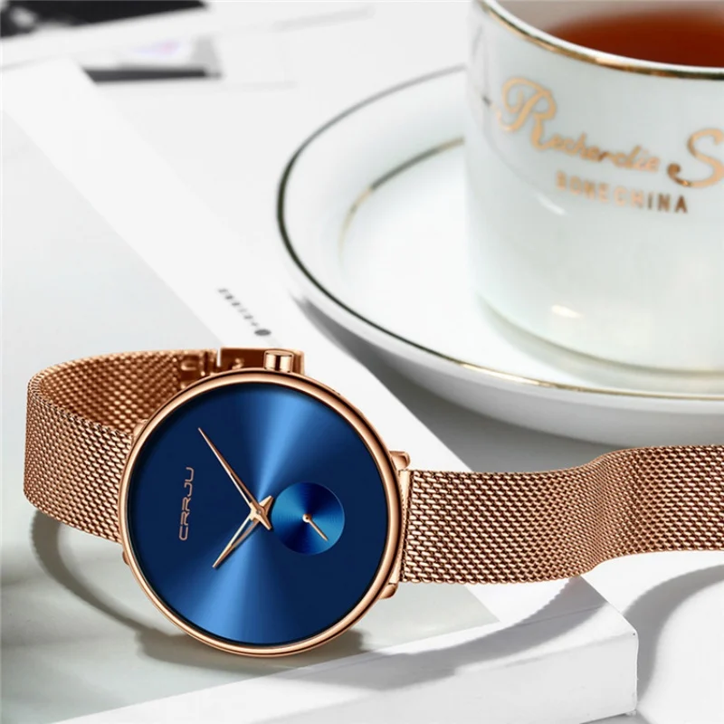 CRRJU 2165 mode femmes montre à Quartz Simple en acier inoxydable maille bracelet étanche décontracté dame affaires élégant femmes montres