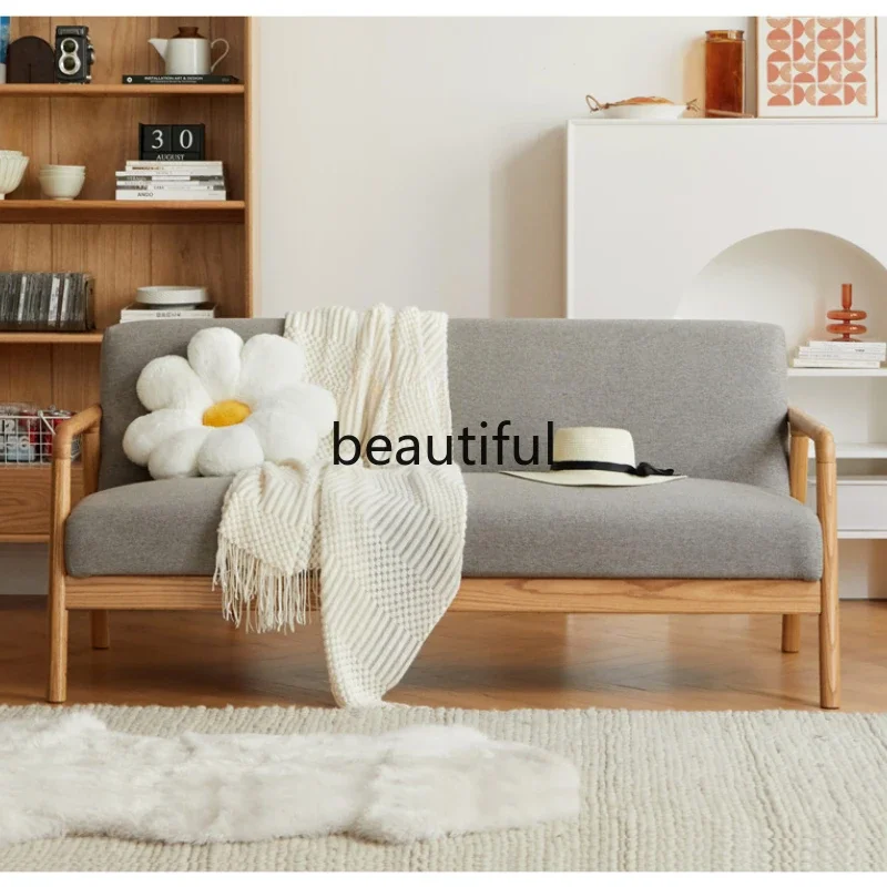 

Solid Wood Sofa Small Apartment Oak Living Room Leisure Furniture Three-Seat Straight Row Fabric Sofa