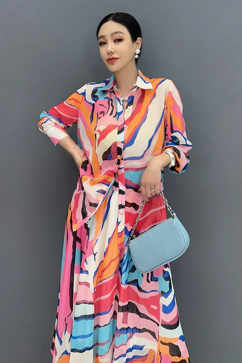 Vefadisa Color 2024 Summer New Women Printed Set Lapel Long Sleeved Shirt A-line Skirt Two-piece Loose Fashion Suit ZXY650A