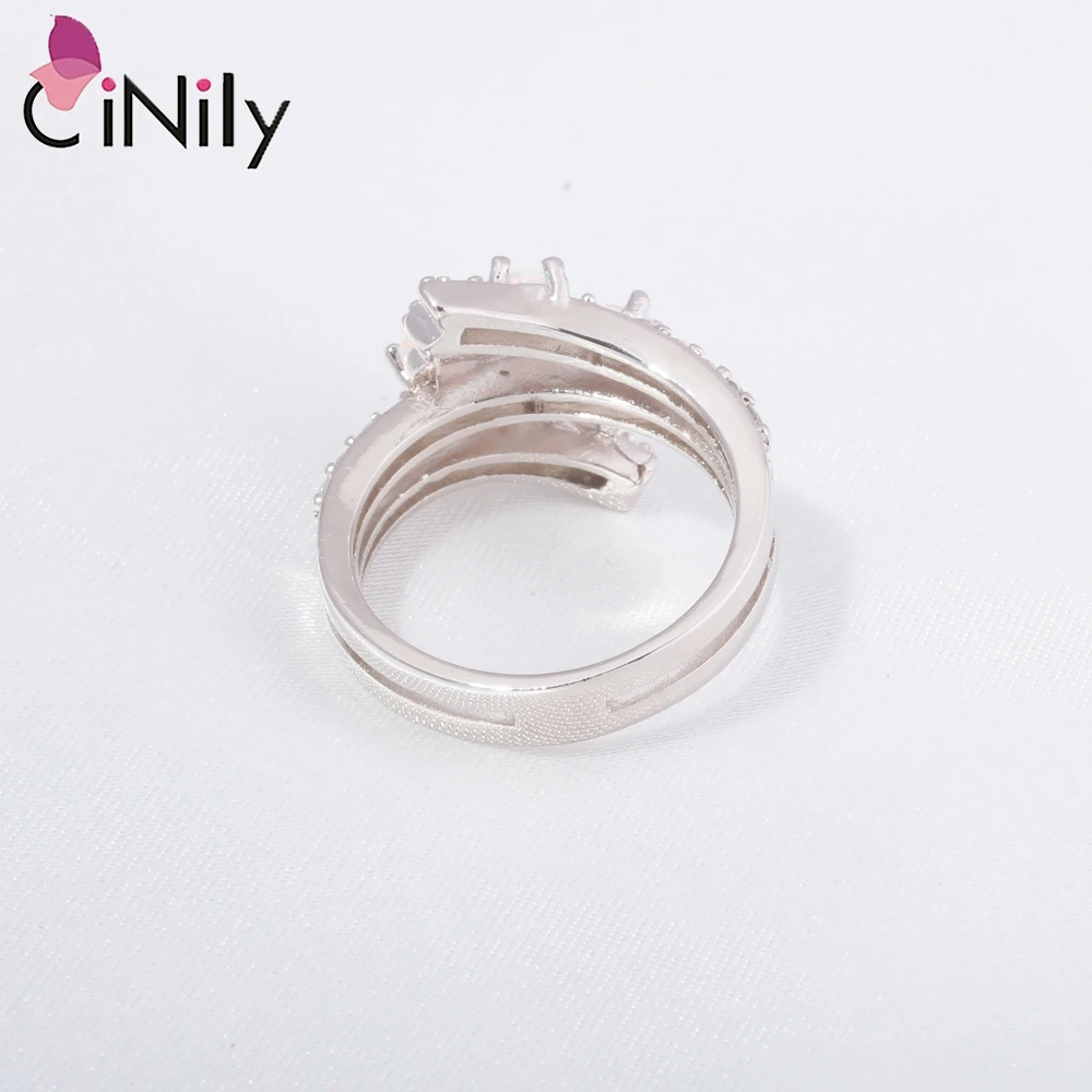 CiNily White Fire Opal Stone Rings Large Wide Filled Ring Silver Plated Flower Flora Bohemia Boho Fully-Jewelled Gifts for Women