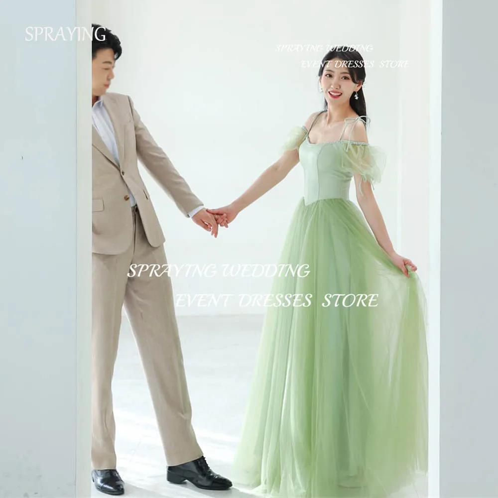 

SPRAYING Korea Photoshoot Simple A-line Long Wedding Dress Tulle Green Party Dress Sweetheart Puff Sleeve Prom Dress Corset Back