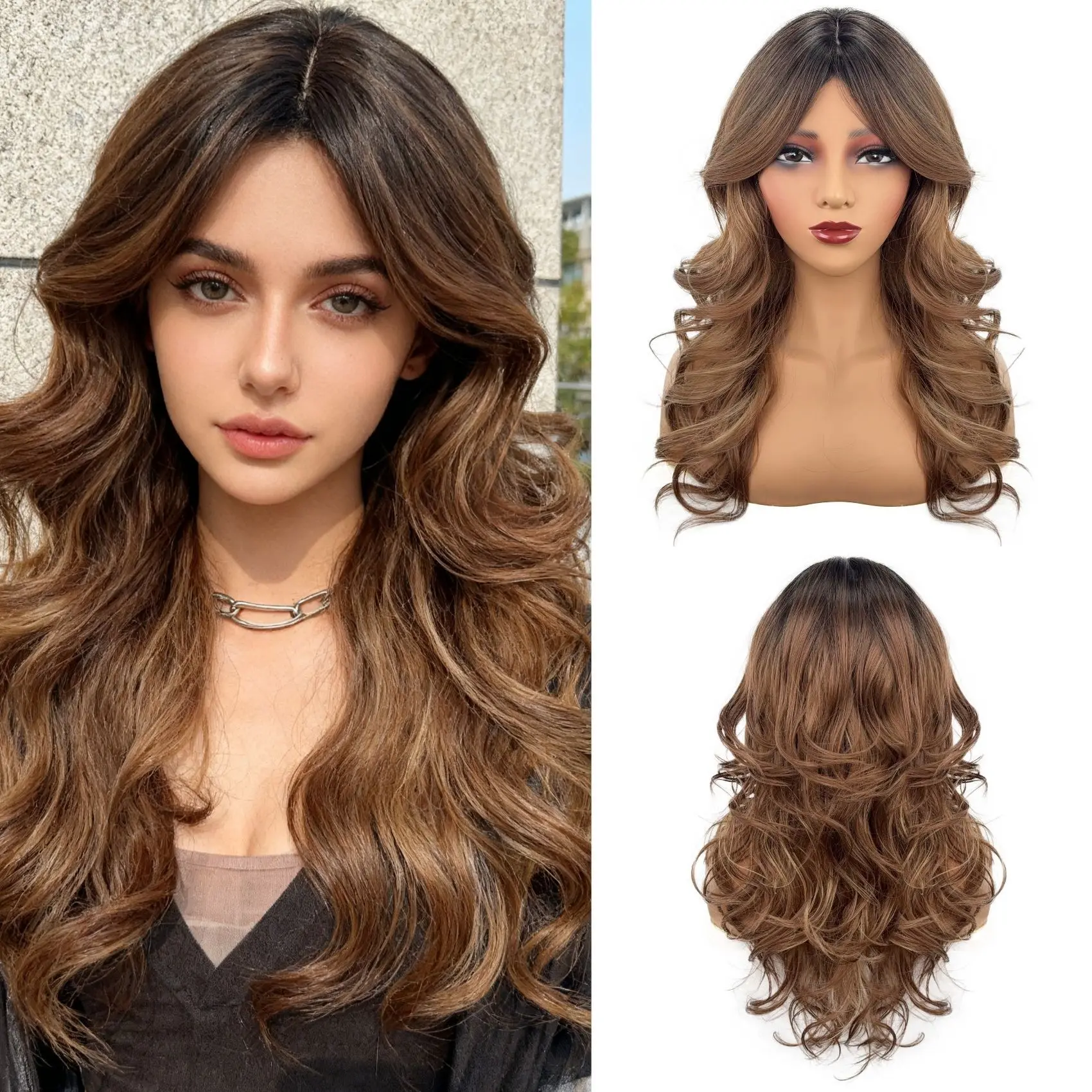 Brown Ombre Natural Curly Medium Long Wig with Curtain Bangs Fashion Full Synthetic Wig for Women Cheap Wigs on Clearance Sale