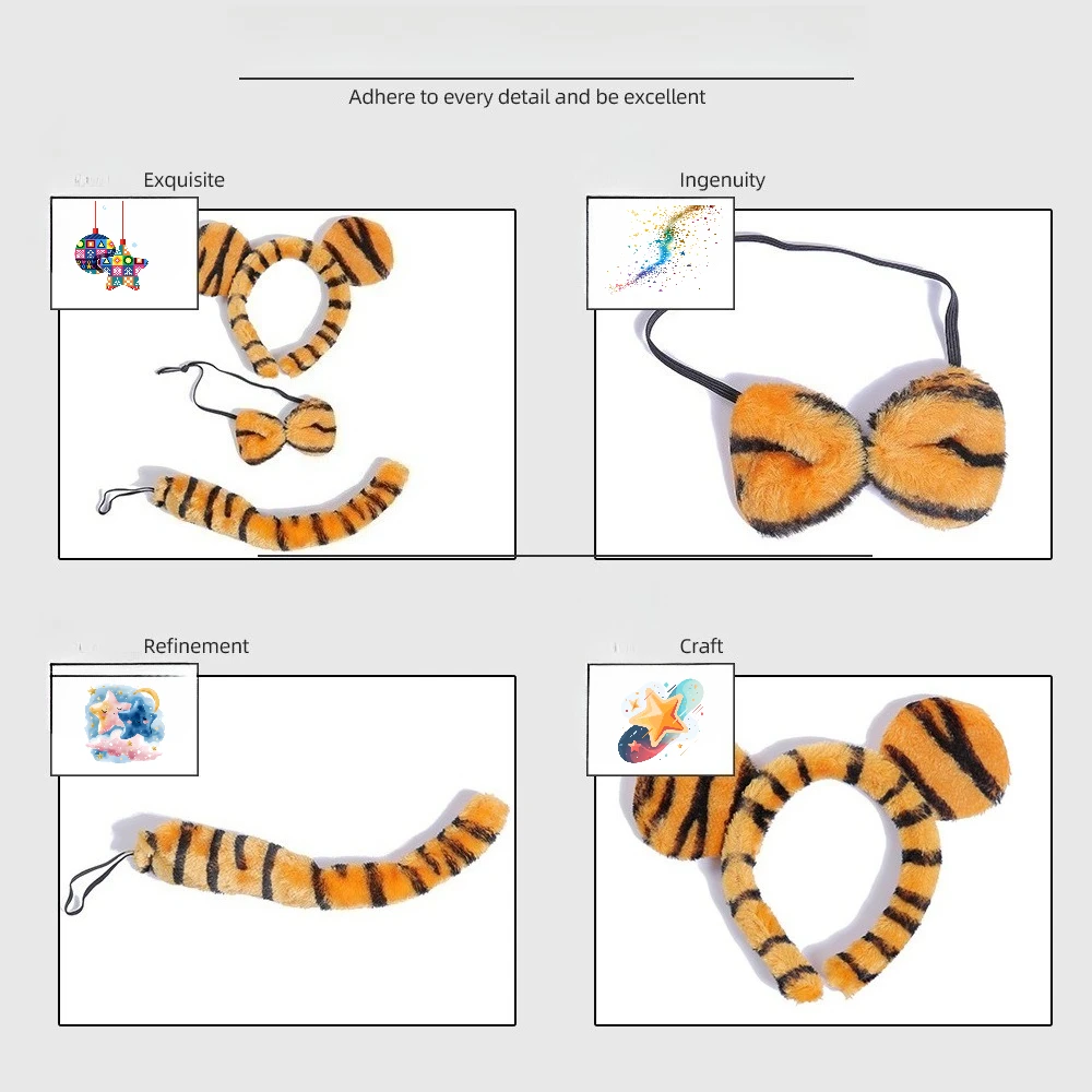 Diadema de Peluche con Orejas de Leopardo y Tigre, Kit de Tres Piezas, Patrón de Puntos, Accesorio Peludo, Adorno Suave y Esponjoso para Disfraces de Gala y Festividades