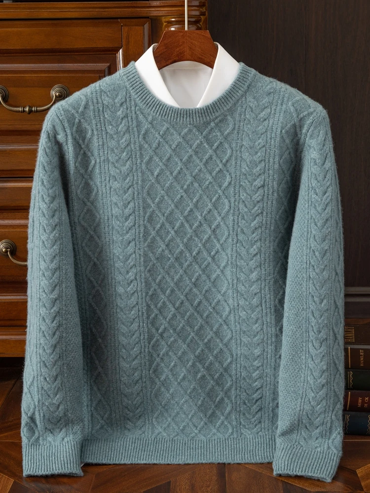 

Мужской пуловер с круглым вырезом из 100% мериносовой шерсти, осень-зима, толстый повседневный модный вязаный кашемировый свитер