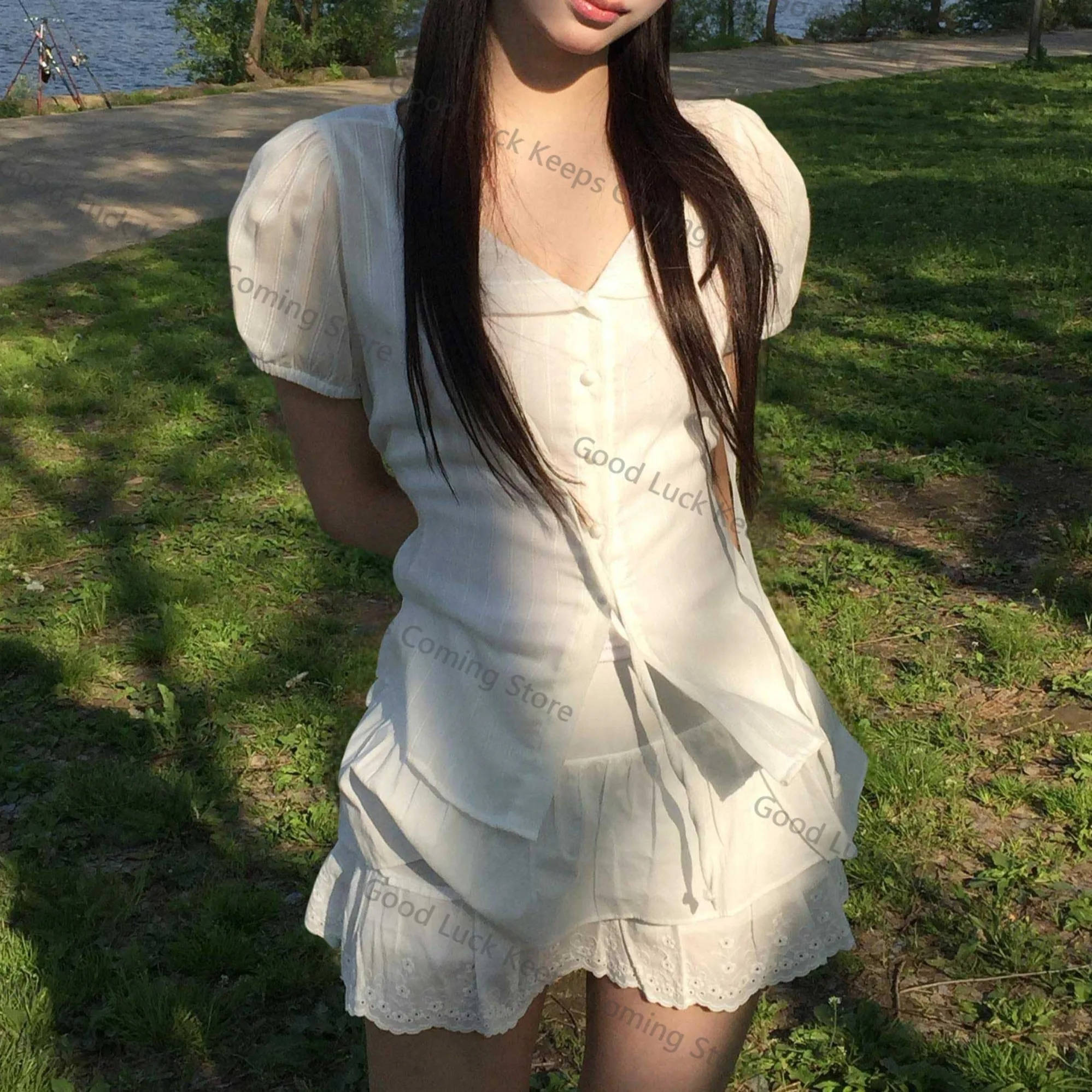 

2025 Sweet Summer Women's irt Korean Sle Bubble ort Sve Small Collar Waist Cinch Bow Tie Top V-ne Regular Fit Casual