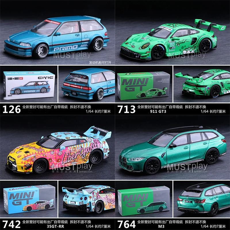 MINIGT 1:64 126 Civic Green Dinosaur 911 GT3 GTR35 750S Series Alloy Die Casting Model Collect Ornaments