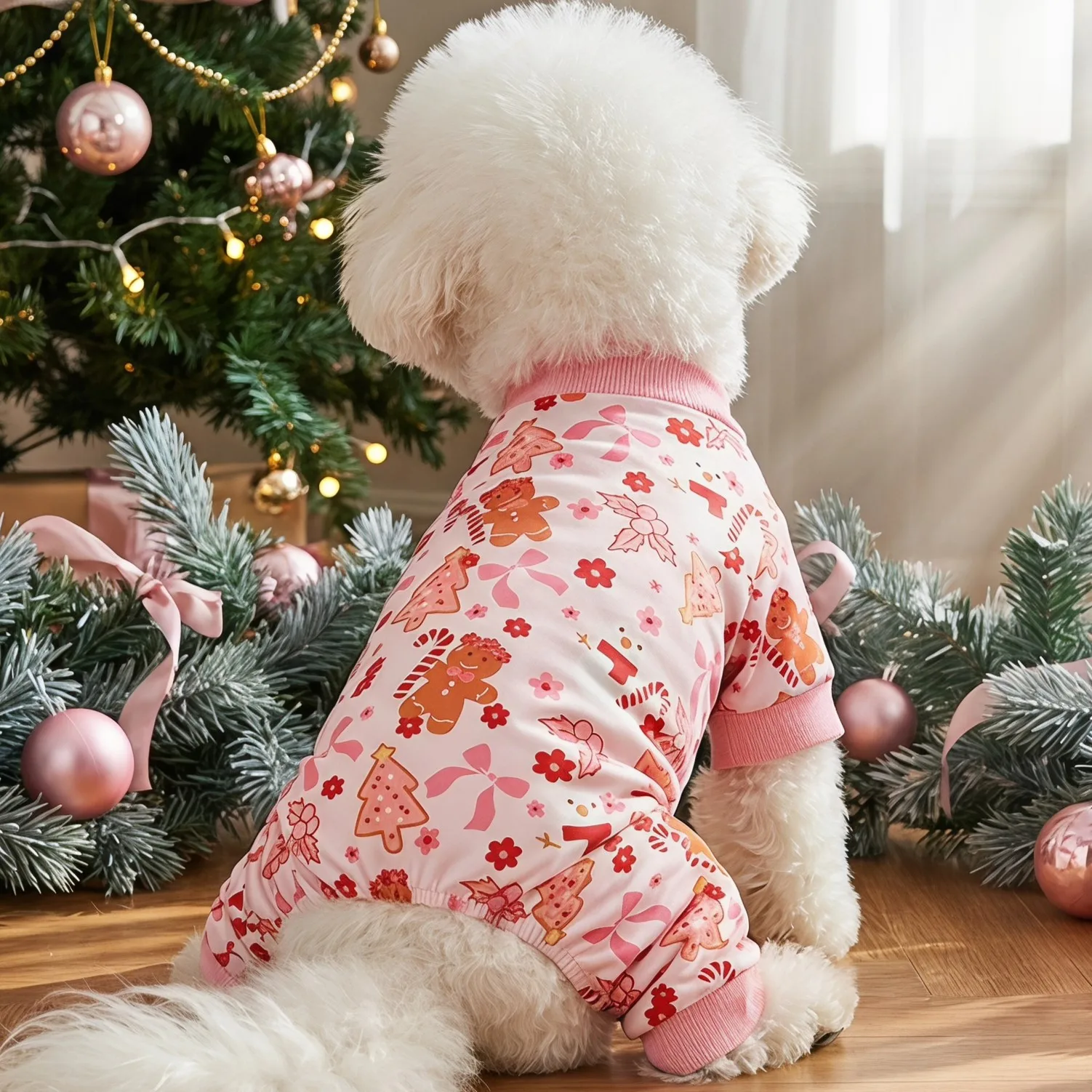 Pet quadruped, Christmas light foundation make-up gingerbread man snowman print dog quadruped jumpsuit