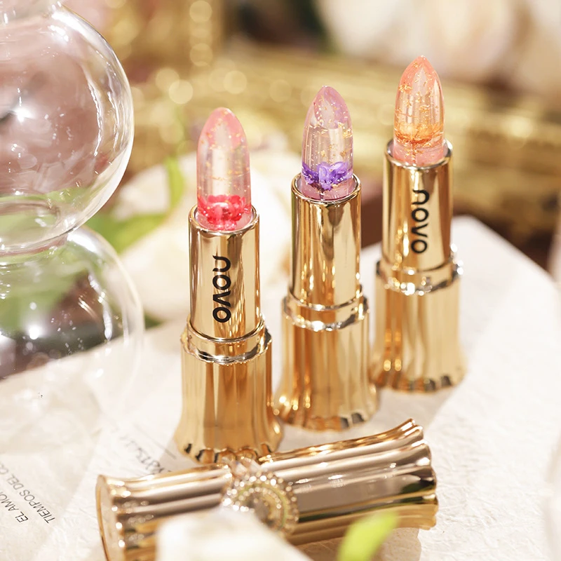 Bálsamo labial de gelatina de cristal, Bálsamo labial con flor que cambia de Color y temperatura, hidratante transparente de larga duración, lámina dorada