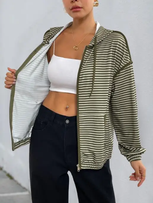 Women Coat Latest Hot Selling Fashionable 2025 New Autumn Zipper Cardigan Korean Lazy Style Hooded Striped Women's Casual Jacket