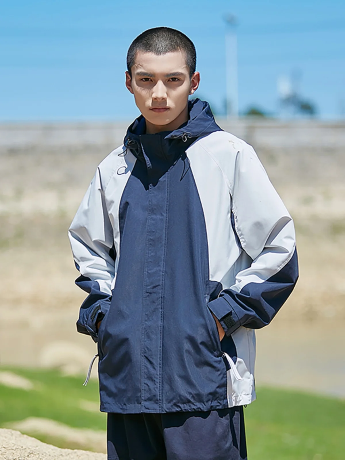 Spring Autumn New Men's Casual Loose Outdoor Windproof Jaet Fake Two-Piece Polyester Fiber Long Sve Zipper Hooded Jaet