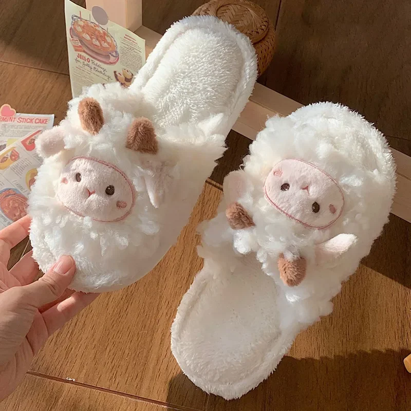 Women Home Cotton Slippers Indoor House Shoes Warm Plush Slipper Cute Fluffy Fur Sheep Plush Slippers Couple Cotton Slippers