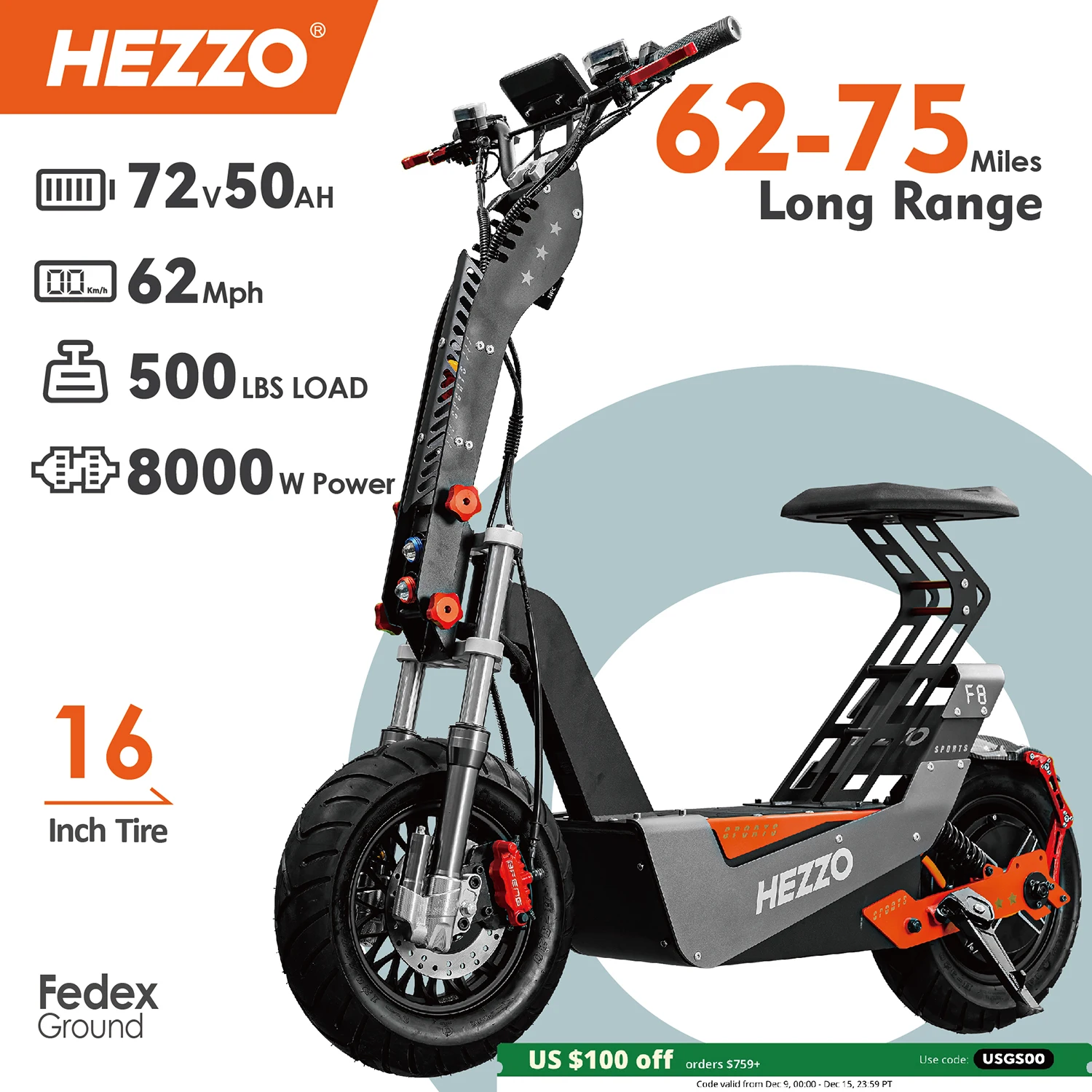 HEZZO F8 Electric Scooter 72v 8000W 100Km/h 50Ah Long Range Off Road Escooter 16Inch Foldable Motorbike With Seat US Warehouse