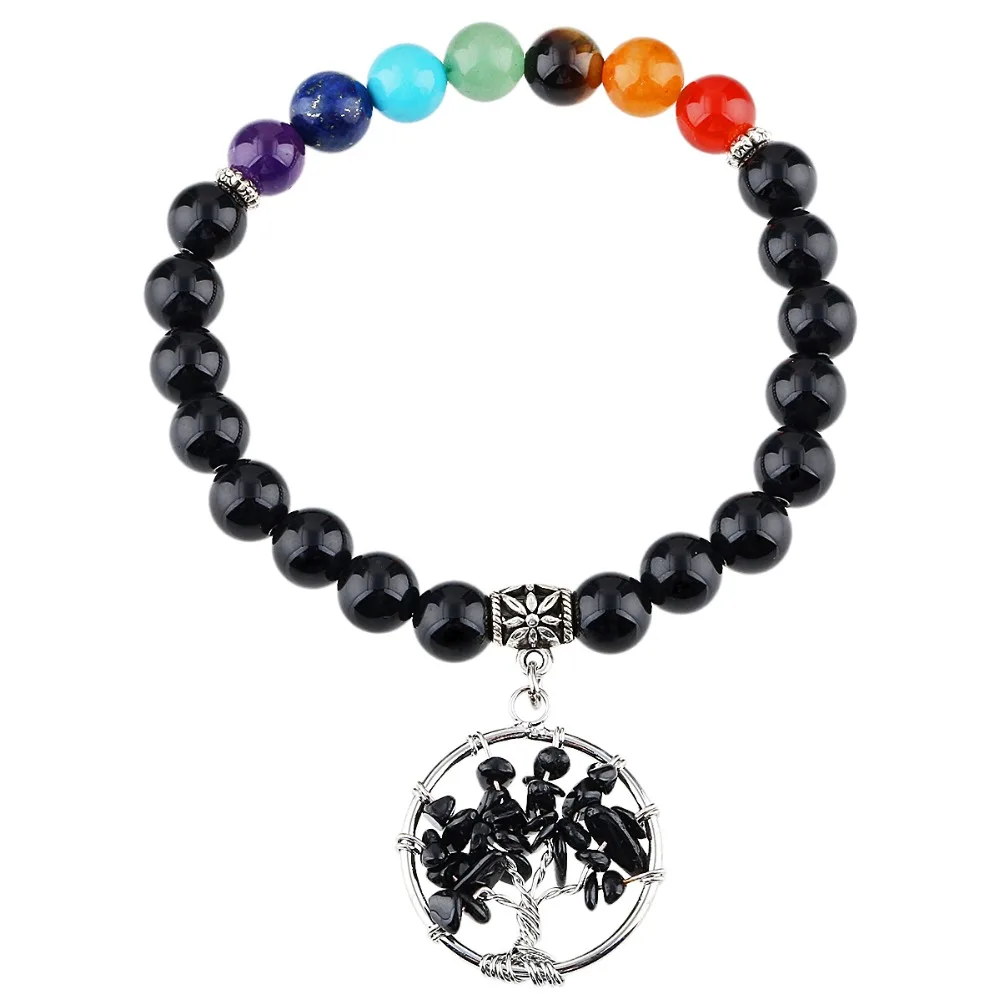 SUNYIK 8mm Black Obsidian Beaded Bracelet Life Tree Dangle Charm 7 Chakra Bead Yoga Energy Reiki Healing Women Jewelry