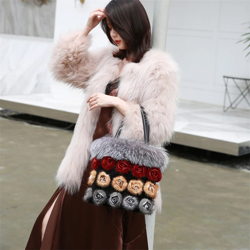 New Women's Fur Bag Fox Fur Bag Portable Underarm Bag Mink Rose Fur Women's Bag Charming Girl Luxury High Quality Fur Bag