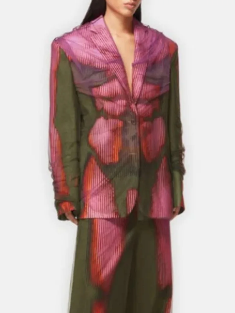 

ZOCI Pants Sets Printing Jackets Long Pants Graffiti Mesh Splicing Printing Two-piece Fashion Set Office Lady 2025 Spring New