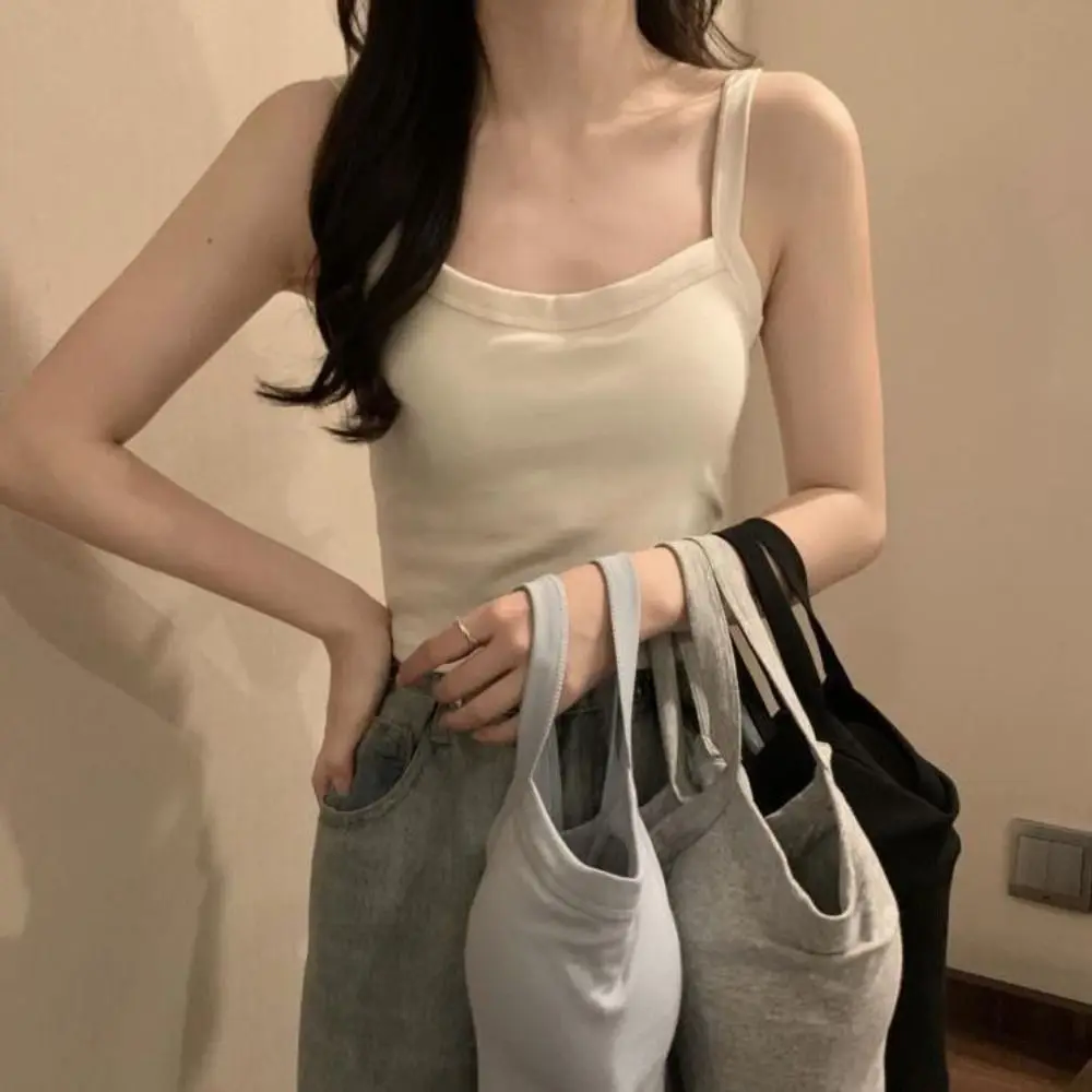 

Korean Style Seamless Sleeveless Crop Top Round Neck Slim Fit Women's Vest Top Simple Undershirts Bra with Pads Camisole Lady