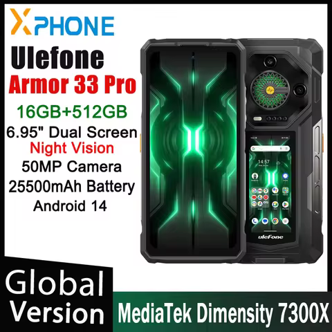 Ulefone Armor 33 Pro Rugged Phone 5G Dual Screen 6.95" 120Hz 16GB+512GB 25500mAh Battery 66W 64MP Night Vision NFC Smartphone