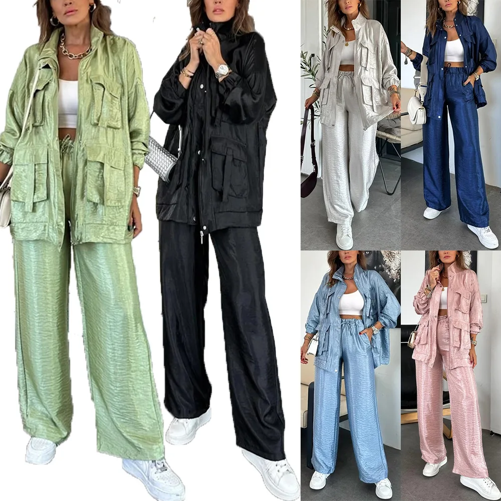 

Amazon Cross-Border European American Women's Clothing Two-Piece Set: Straight-Leg Pants And Solid Color Fashionable Long-Sleeve