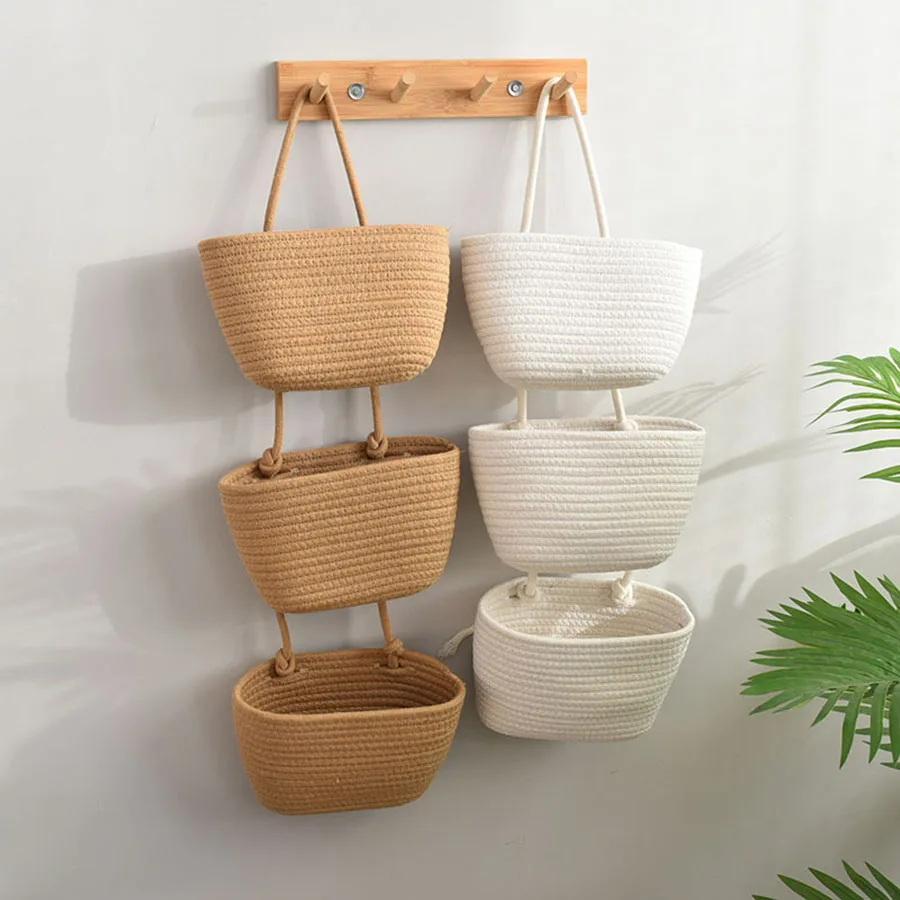 Wall Hanging Storage Basket Cotton Sundries Organizers Storage Basket 3-layer Household Decoration Wall Storage Tool