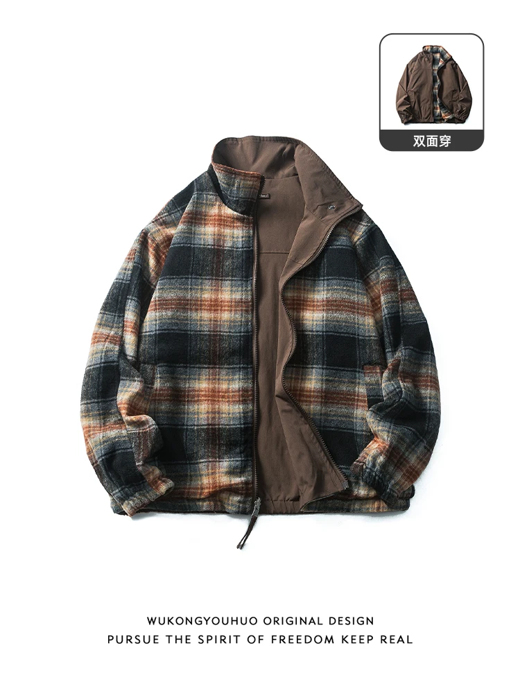 

Retro Contrasting Color Plaid Double-sided Wear Stand-up Collar Jacket Men's Autumn Trendy Brand Loose Couple Versatile Coat