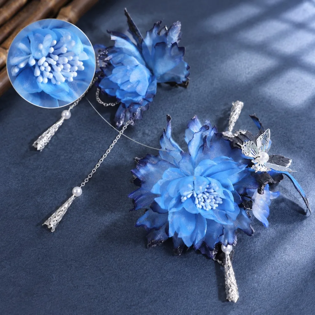 Lucky Bracelet Hand String Handmade Fabric Blue Peony Hair Accessories Pearl Tassel Hair Clip Hanfu Cheongsam Retro Style Clip