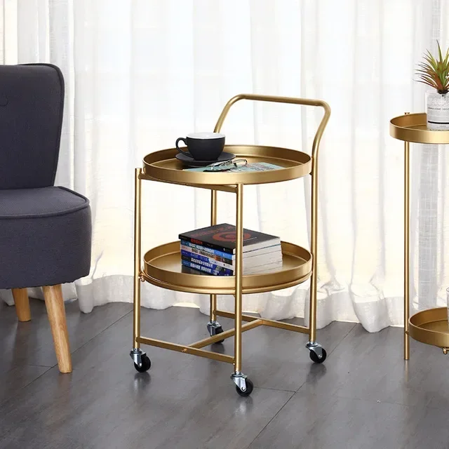 Fashion Golden Wheeled Coffee Table Light Luxury Cart Beauty Club Movable Table Living Room Bedroom Sofa Table Candy Plate