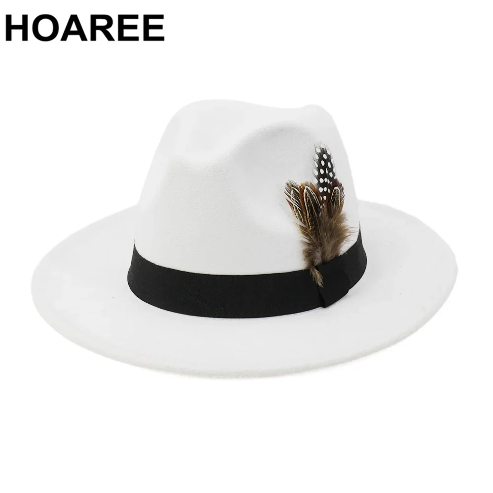 HOAREE Royal Blue Vintage Trilby Felt Fedora Hat with Feather Belt Women Men Church Hats Wide Brim Male Female Autumn Jazz Caps