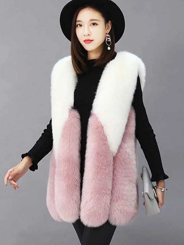 

ZADORIN NEW Luxury Contrast Color Faux Fur Vest Women Fashion Winter Long White Pink Faux Fur Coat Gilet Fourrure bontjas