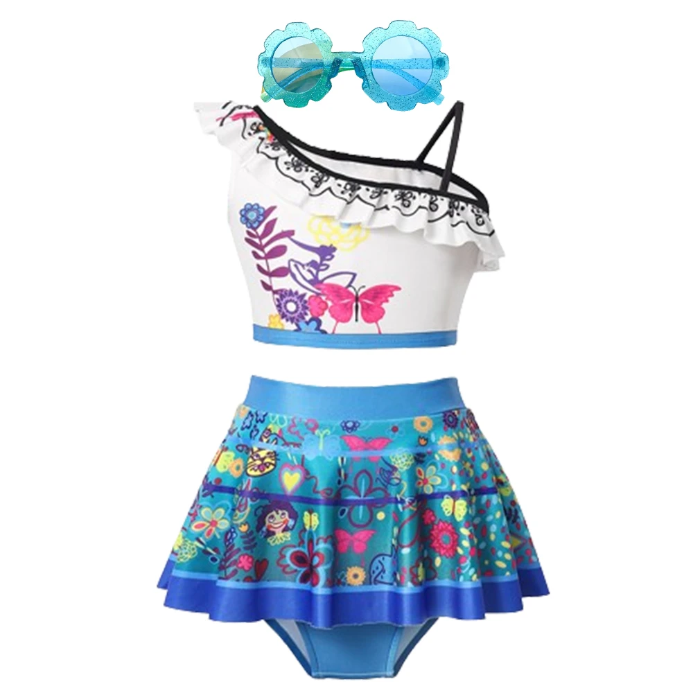 Summer Swimsuit For Girls Encanto Mermaid Mickey Mouse Princess Style Beach Bikini Swimming  Children Swimwear+Eyeglasses Disney