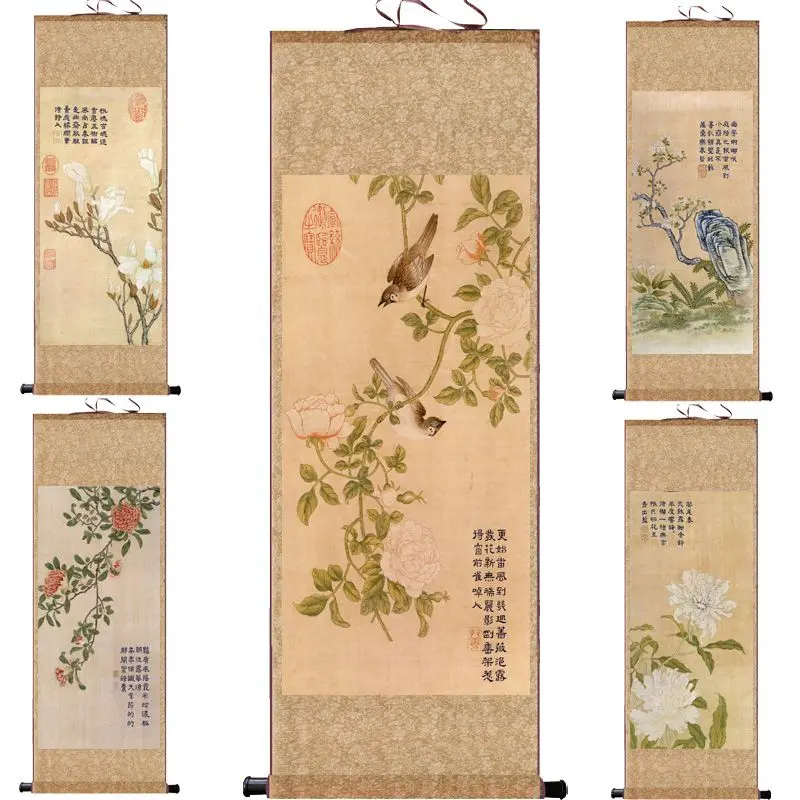 

Chinese Style Flower Birds Scroll Paintings Vintage Room Decor Aesthetic Qianlong Emperor Picture Office Wall Art Hanging