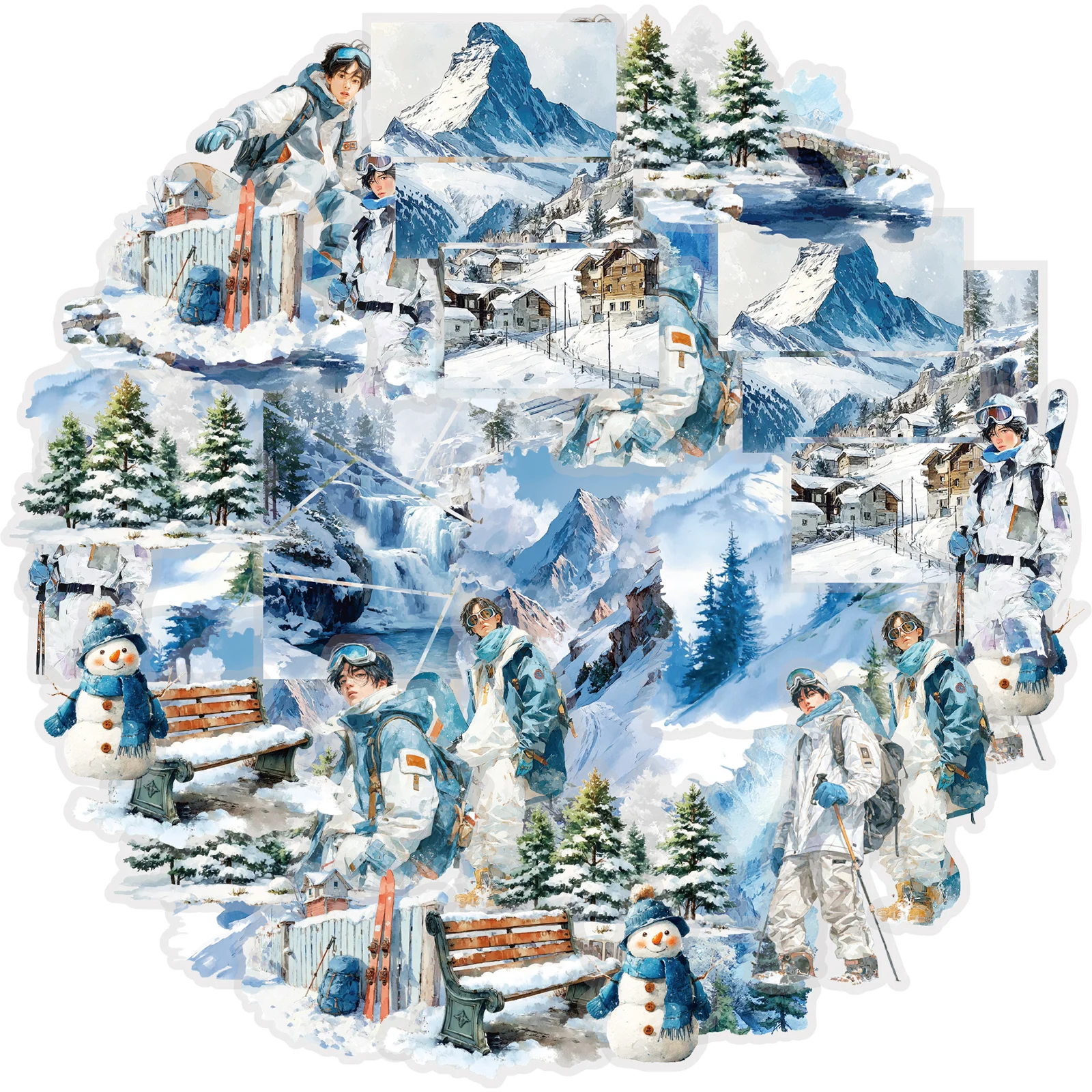 Etori Life Snow Mountain Journey 15Pcs Vintage Winter Snow Adventure Stickers Skiing Characters Snow Scene Journal Collage Material for Laptop, Phone Case, Suitcase, Skateboard, Ski Enthusiasts, Room Decoration, Handmade Scrapbook Supplies, DIY Crafts, Student Gift Paper Bags, Party Decoration, Toy Stickers