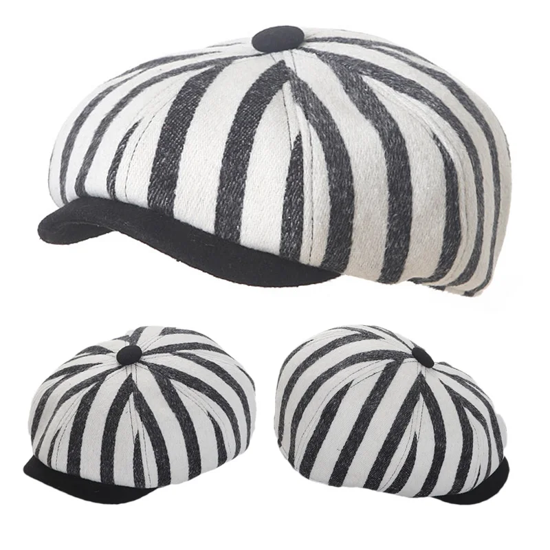 Autumn Winter Children Cap Classic Black White Striped Newsboy Hats for Boys Girl Japanese Style Kids Beret Hat Baby Accessories