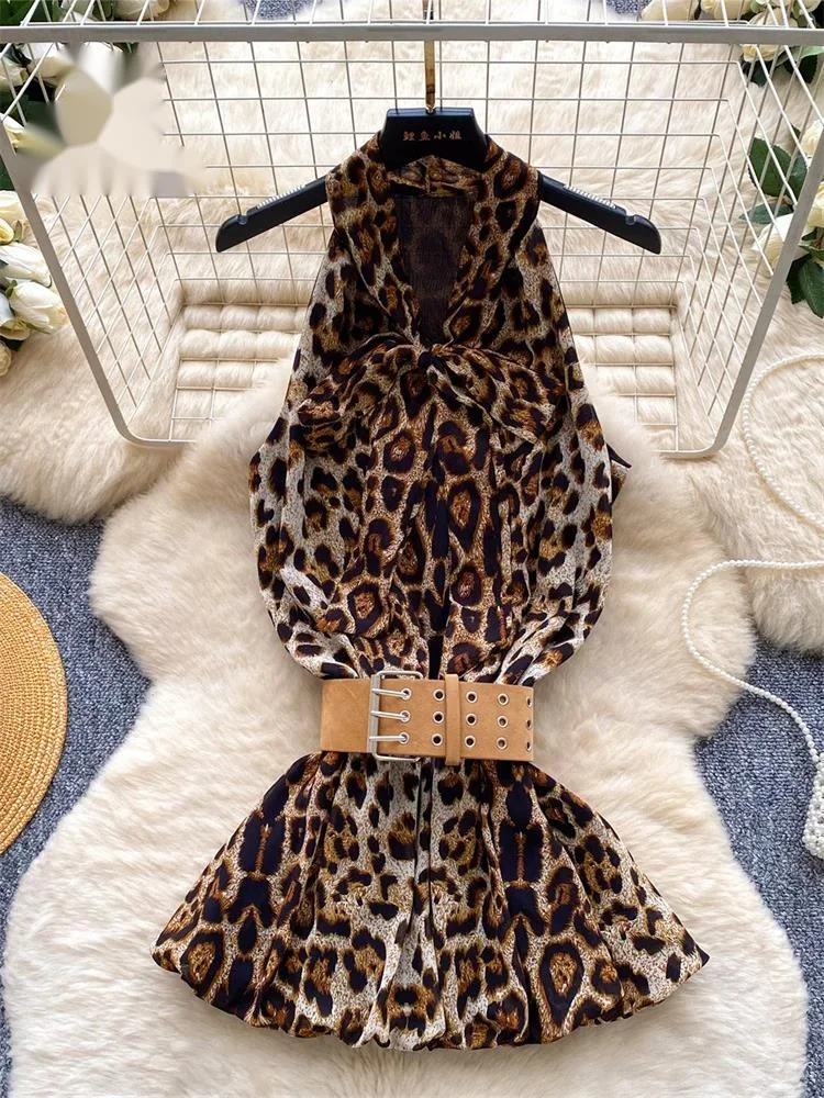 

Chiffon Leopard Retro Blouse American Chic Sashes Slim Sexy Women Bud Shirt Summer Sleeveless Hotsweet Office Lady Top