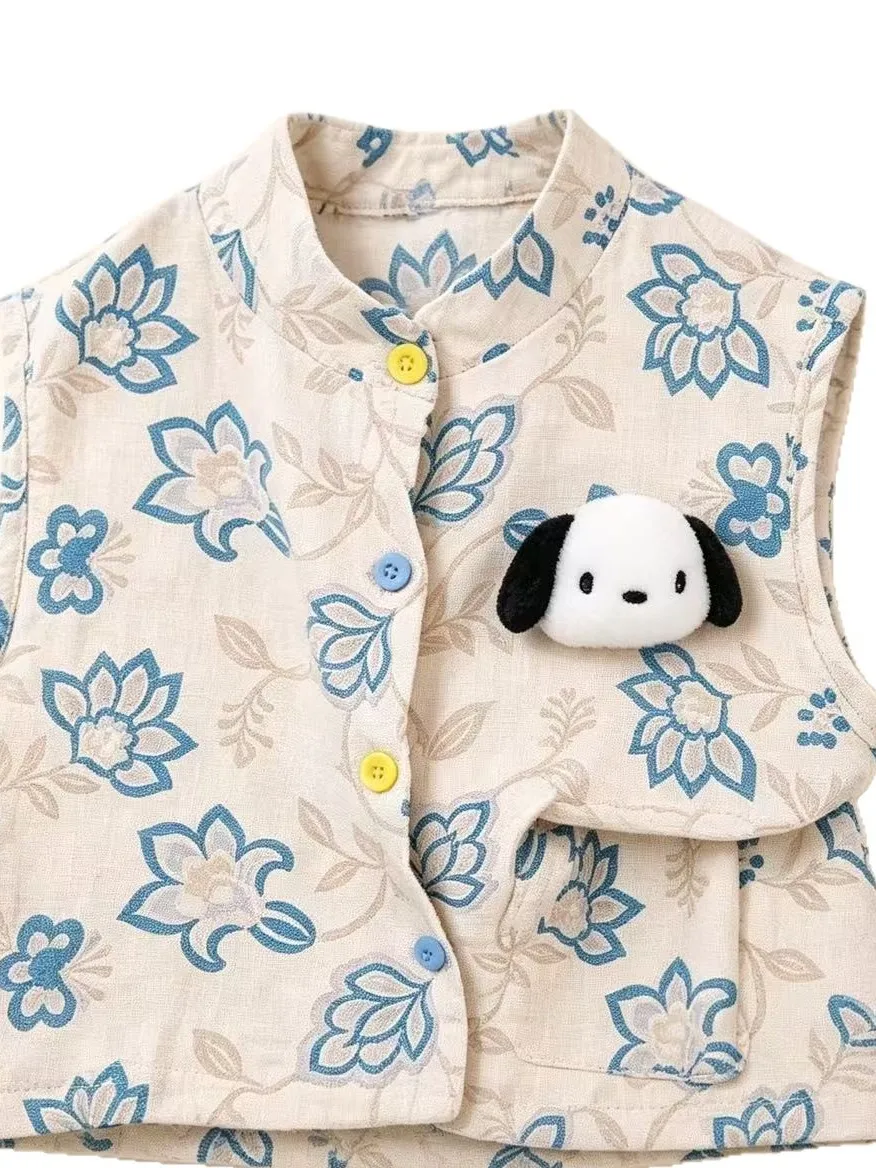 Girls' Summer Cartoon Print Vest Set Casual Two-Piece Suit Dog Doll 3D Design Comfortable Loose Fit Short Sleeve T-Shirt - view 4