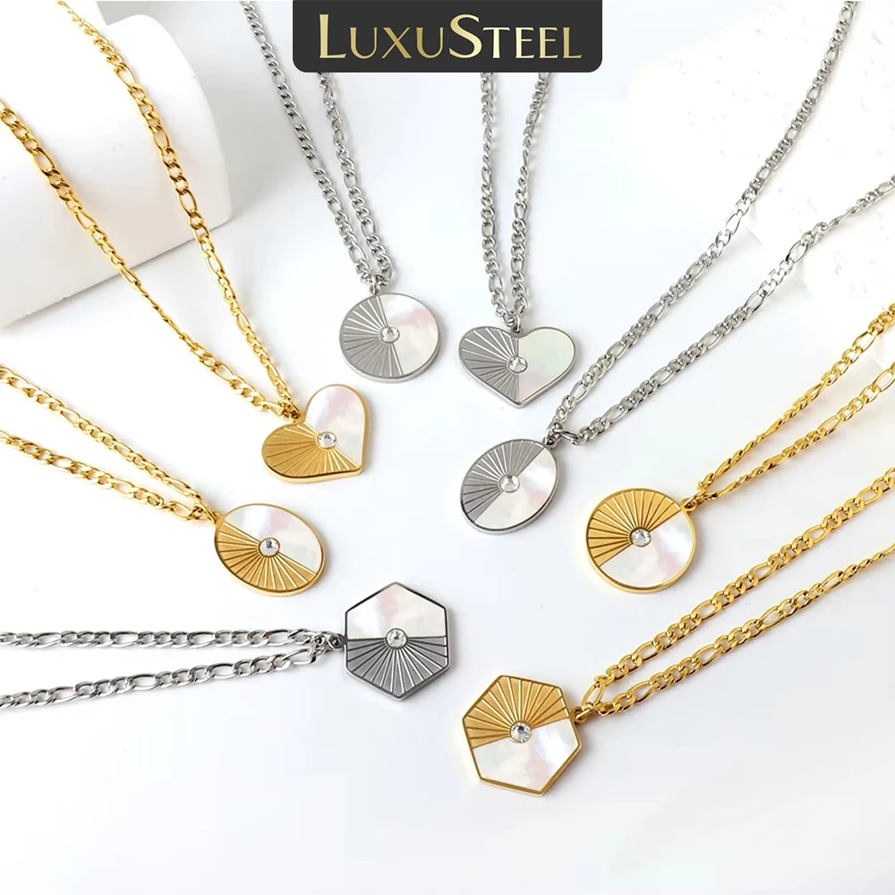 LUXUSTEEL Geometric White Shell Jewelry Necklaces for Women Stainless Steel Heart Oval Pentagon Round Pendant Vintage Collar