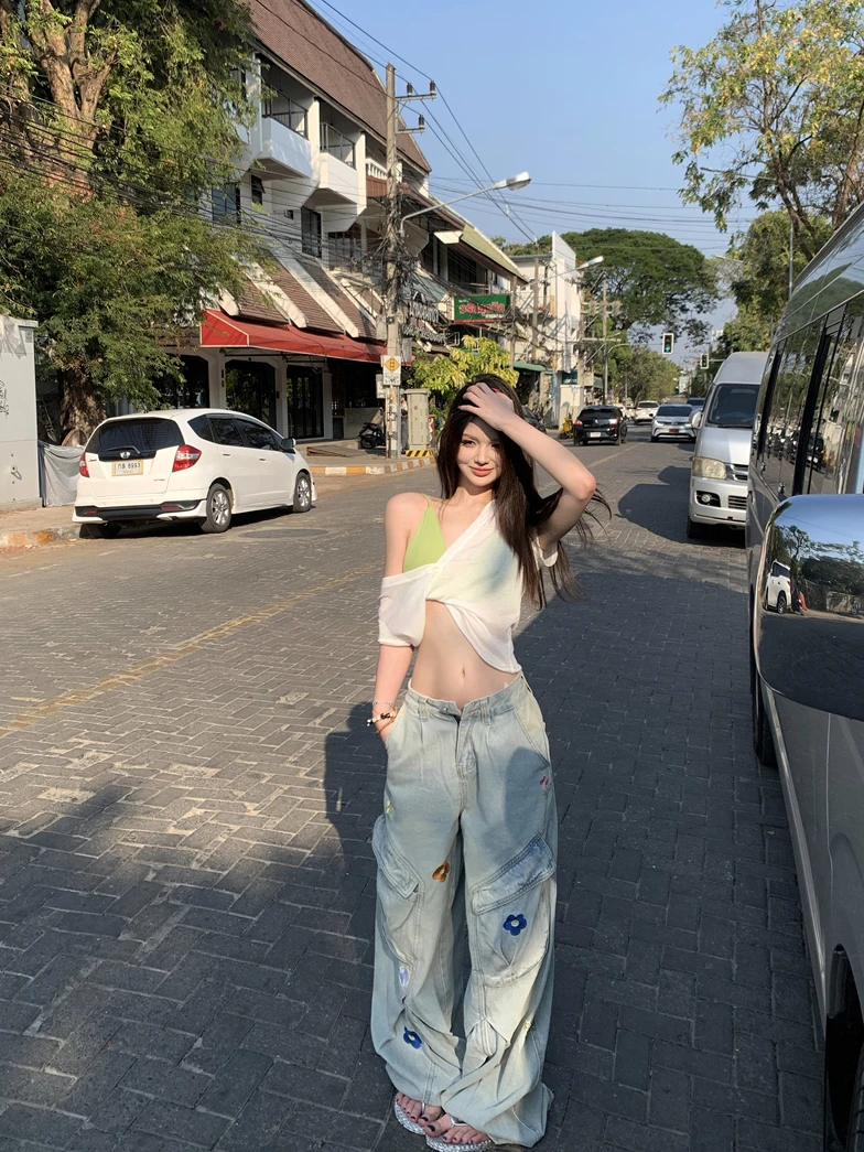 

Blue Embroidered Low Waist Floor-Length Women's Jeans Summer Slimming Wide Leg Pants Floral Pattern Casual High Waist Trousers
