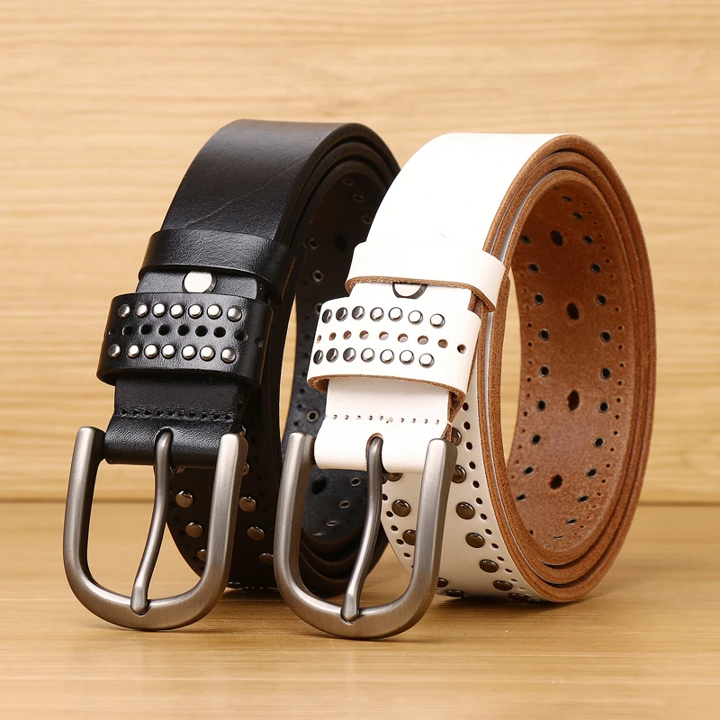 Clickclark Mens/ Women Studded Genuine Leather Belts For Jeans Vintage Retro Circle Rivets Belt With Buckle Black / White