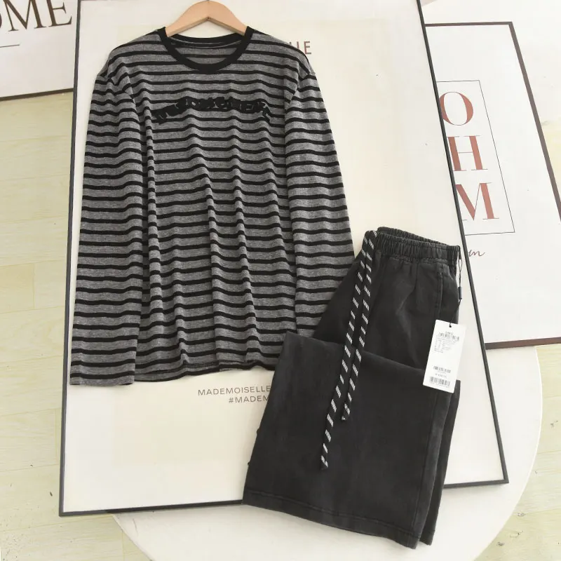 

Свободный комплект из полосатой трикотажной футболки с длинным рукавом и брюк с высокой талией и широкими штанинами на шнурке, женский осенний модный ансамбль