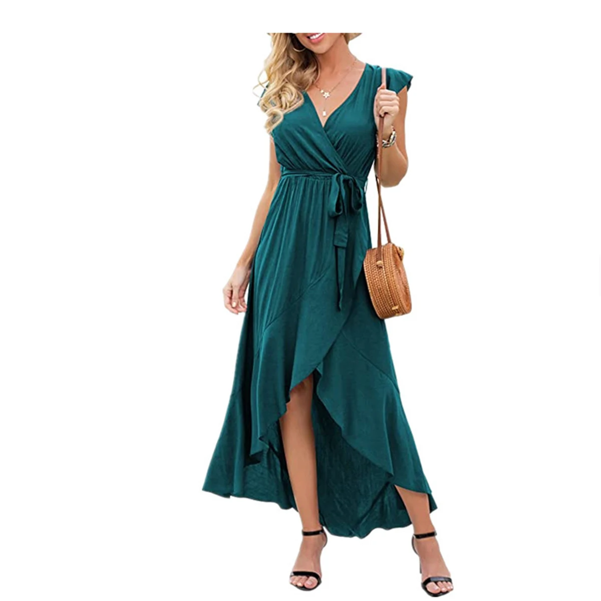 New Fashion Women's Summer Sexy Casual Longuette V-neck Bandage Irregular Big Swing Solid Color Temperament Dress