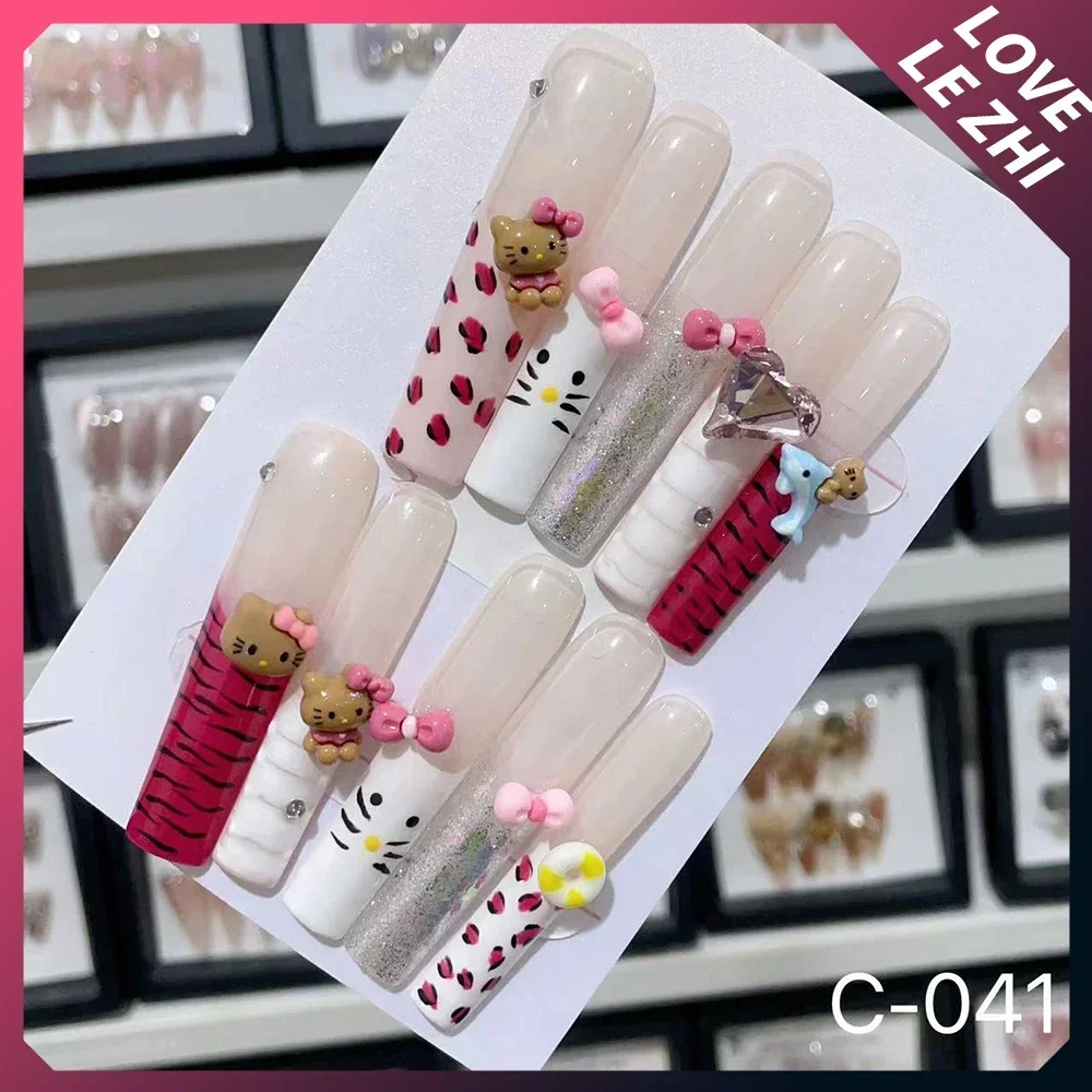 XXL Long Square Handmade Press On Nails Art Cheap Wholesale HelloKitty French Ab Diamond Fake Nails Europe America Birthday Gift