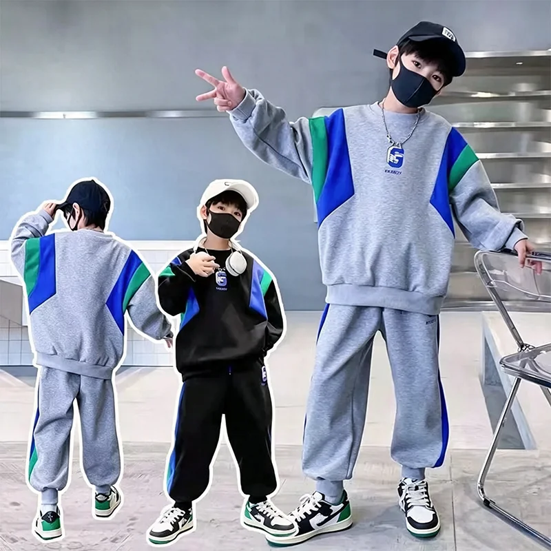Spring Autumn 4-14 Years Boys Sports 2-Piece Outfit Letter Towel Embroidery Sweatshirt & Pants Kids Stylish Color Blocking Suit