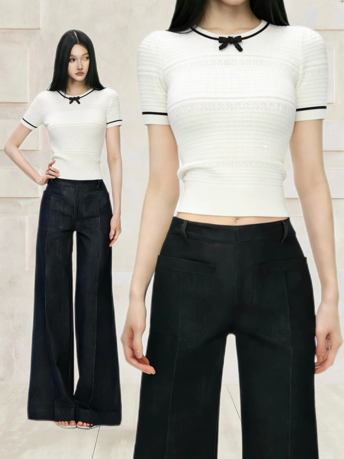 

High Waist Short Top And Wide Leg Pants Set with Color Block Knot Design Versatile Elegant Style for Women Summer C...