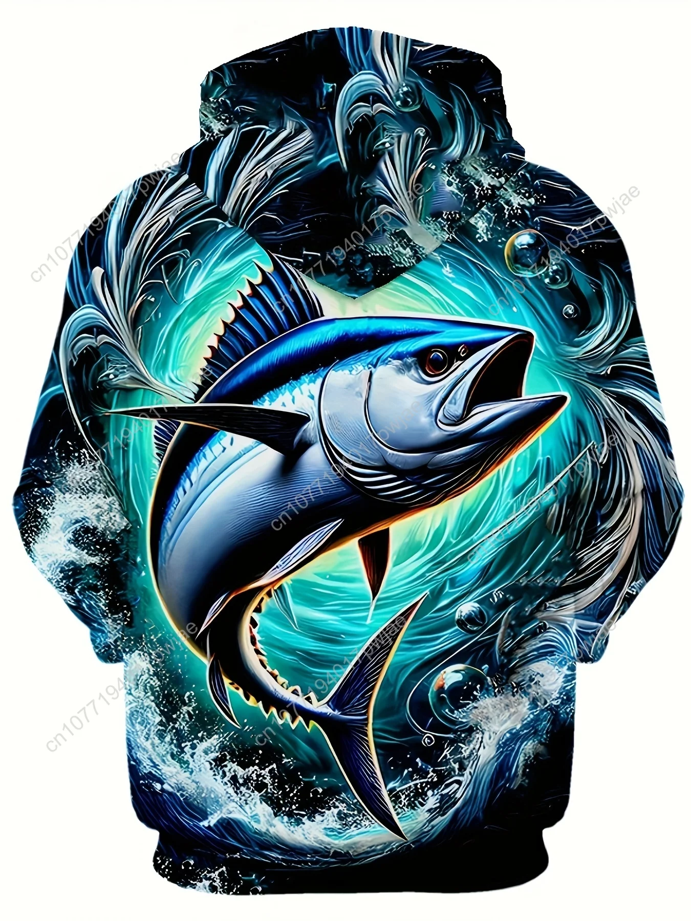 [Modelo elegante] Moletom casual masculino com estampa de peixe 3D de manga comprida |   Bolso com cordão |   Padrão elegante |   Moda Esportiva