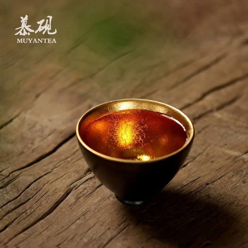 Mu Tao Handmade 24K Gold Master's Teacup, Yabian Tianmu Seven-Color Jianzhan Teapot, Set, Tea Cup, Golden Cup