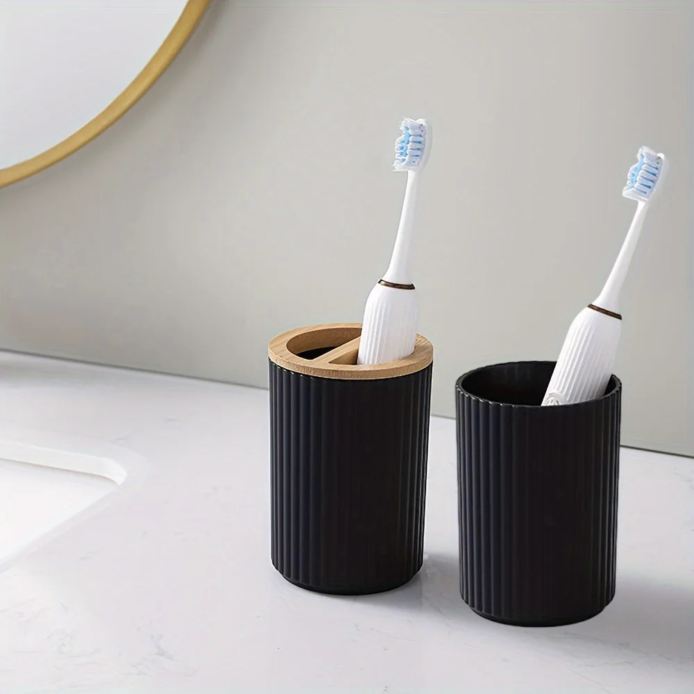 Bamboo Wood Bathroom Accessories Set 6 Toilet Brushes Set Soap Dispenser Bin Toothbrush Holder Cup Set For Soap Dish